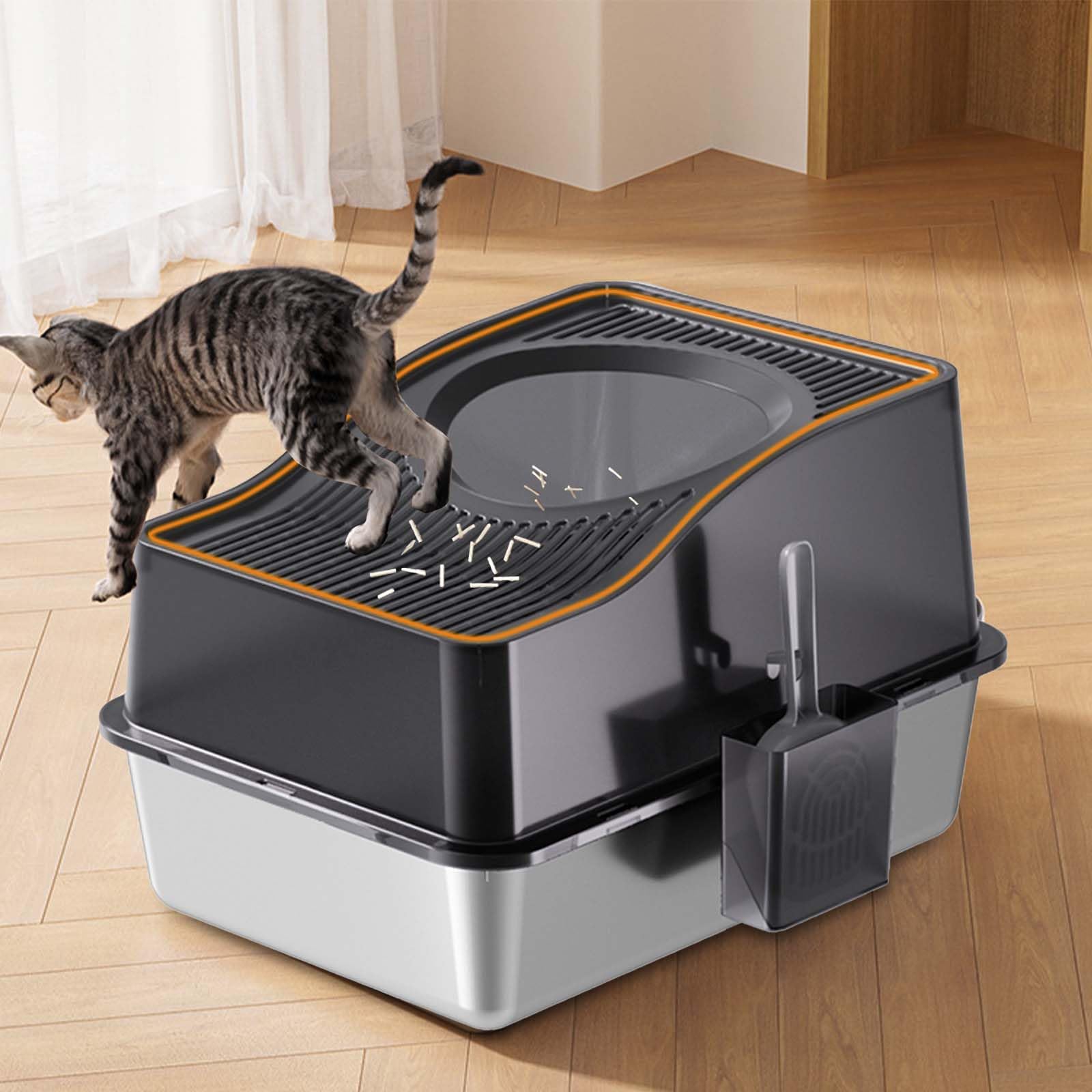 Garvee Bac à litière en acier inoxydable avec couvercle, extra large, bords hauts, inodore, pour chats jusqu'à 15 kg, argent