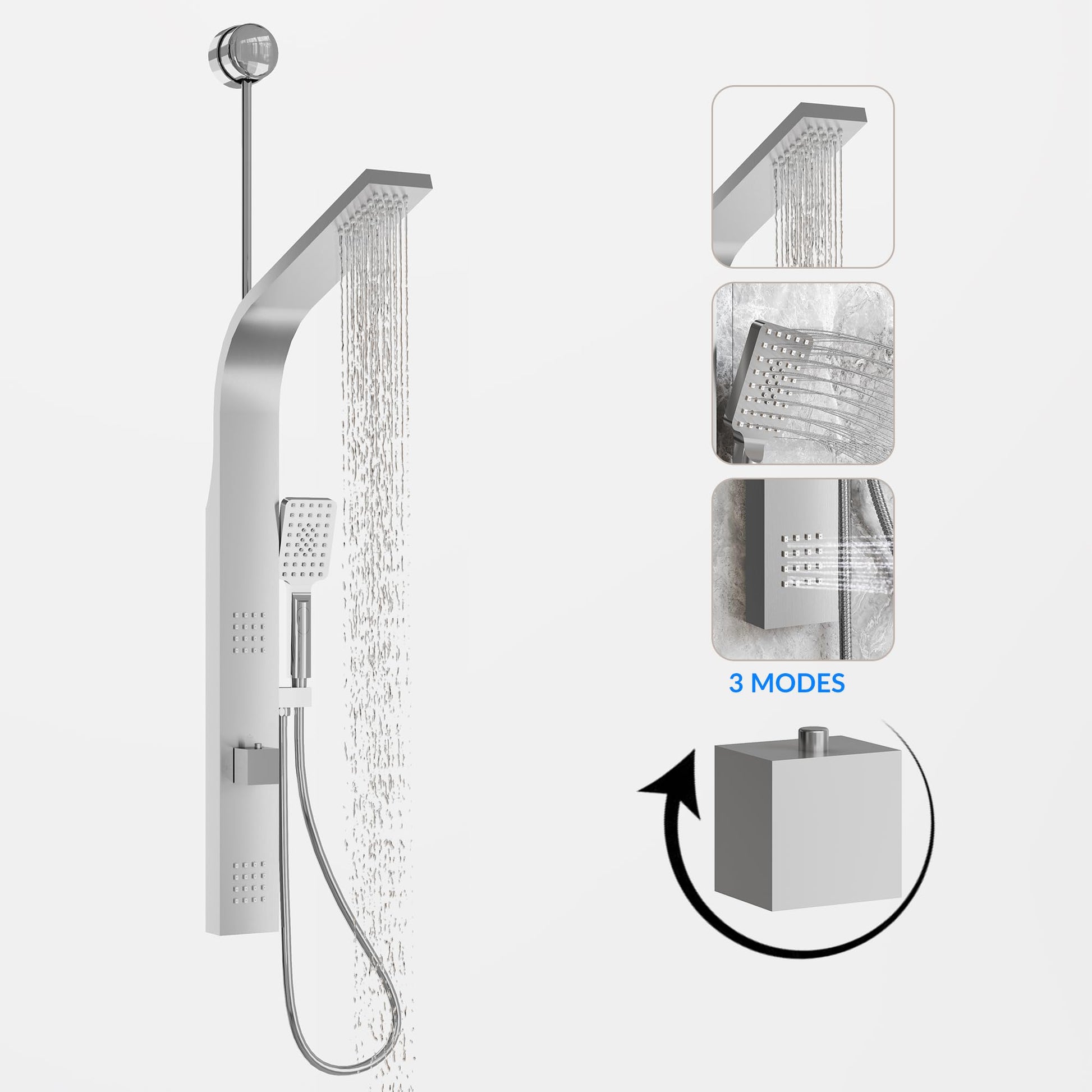 Colonne de douche Garvee avec jets pluie et cascade, 2 jets de massage, douchette 3 fonctions, acier inoxydable, nickel brossé, fixation murale, salle de bain moderne