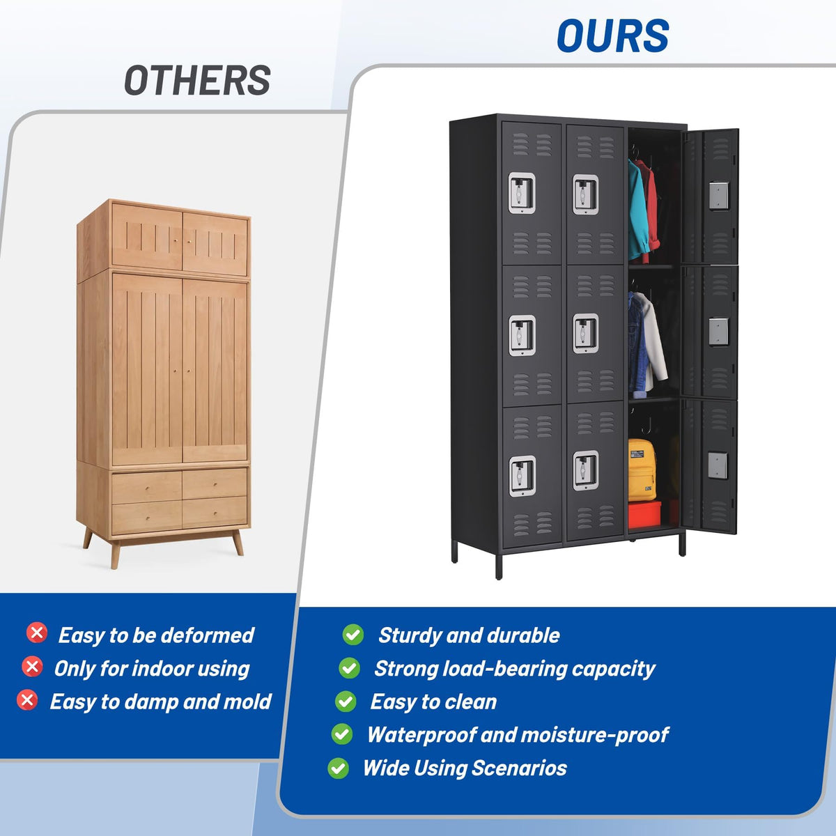 Garvee armoire de rangement métallique à 9 portes et 18 crochets, revêtement en poudre, pour le bureau, l'école, la salle de sport ou le garage