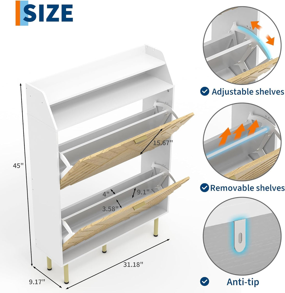 Garvee Meuble à chaussures étroit avec 2 abattants, rangement autoportant en bois blanc, robuste et gain de place pour entrée et couloir