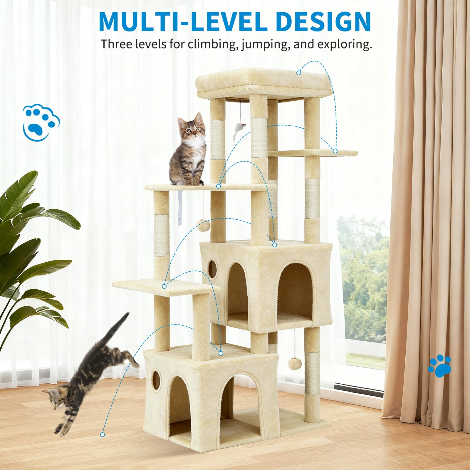 Garvee Tour pour Chat 155 cm Multi-Niveaux pour Grands Chats, Grande Plateforme Beige, Usage Intérieur