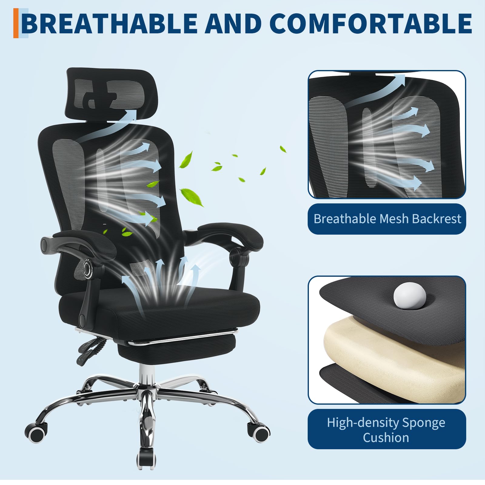 Chaise de bureau ergonomique Garvee en maille avec dossier haut, appui-tête réglable, repose-pieds, hauteur réglable, respirante, roulettes, noire