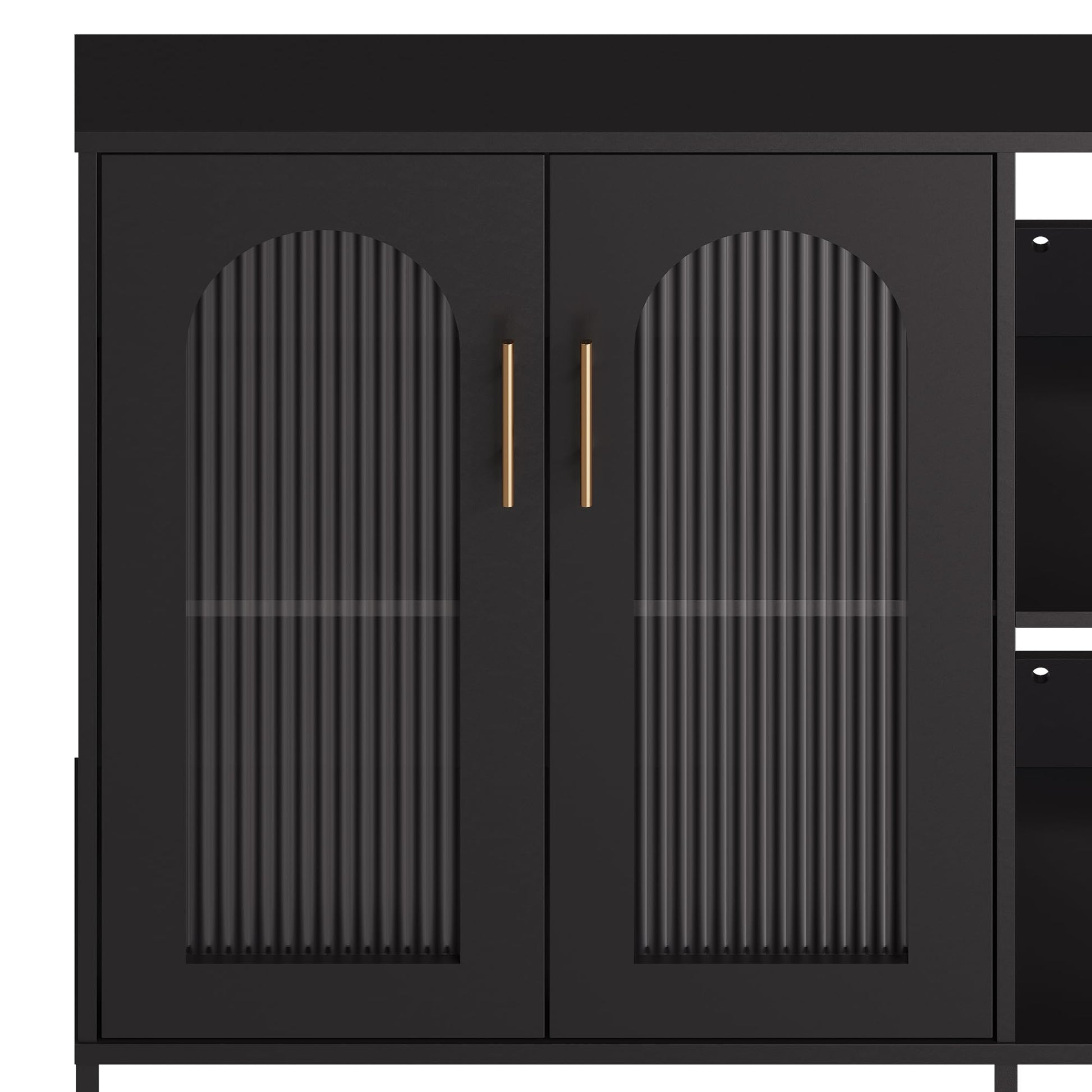 Buffet vitré Garvee avec poignées en métal, étagères réglables, structure en bois massif, portes en verre texturé noir, idéal pour le salon et la salle à manger, 110,5 cm (P) x 46 cm (L) x 18 cm (H)