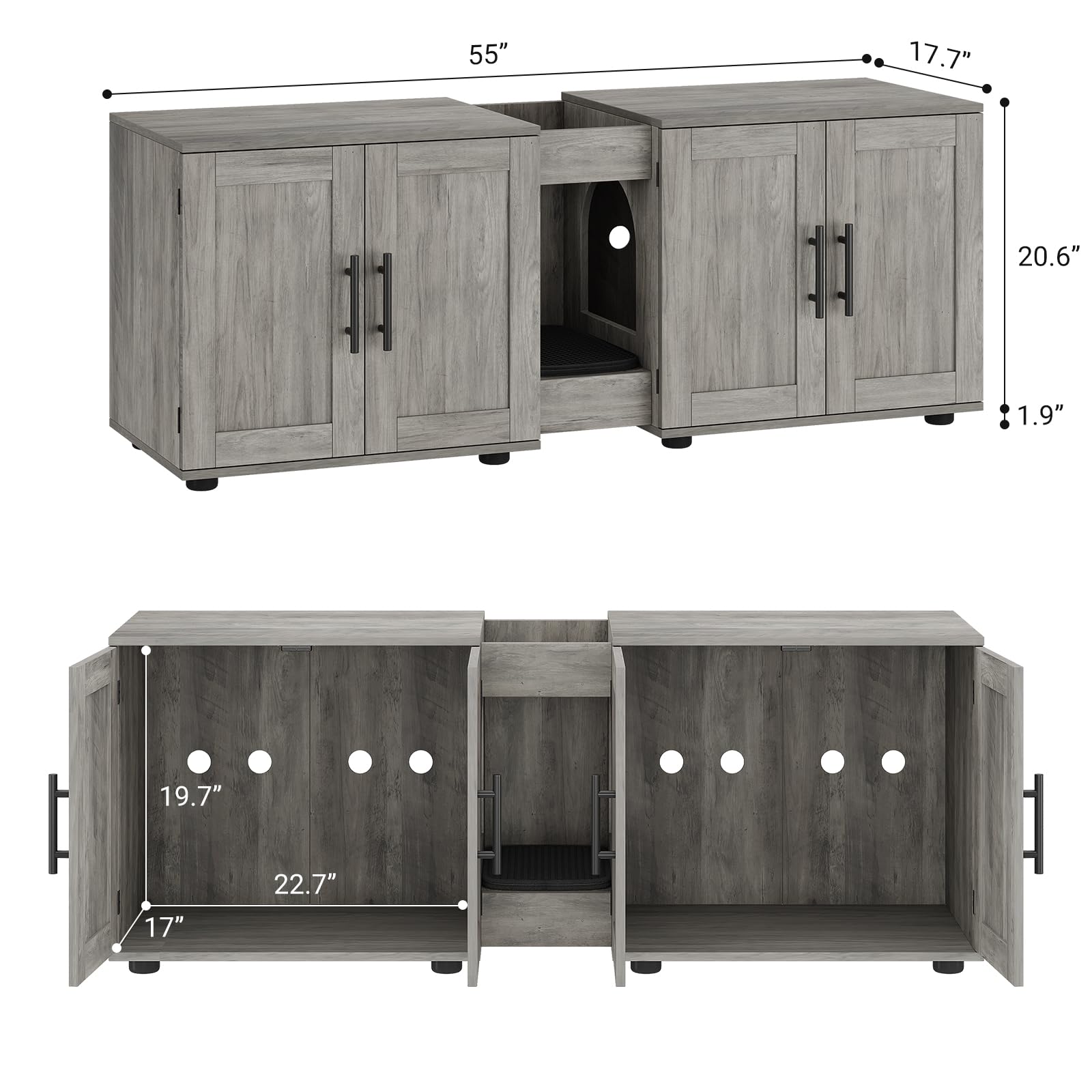 Garvee Meuble cache-litière 3-en-1 à double compartiment avec portes de grange, maison pour chat, gris