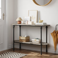 Table console d'entrée Garvee à 2 niveaux, structure en métal, MDF, design rustique, polyvalente, idéale pour le couloir et le salon.