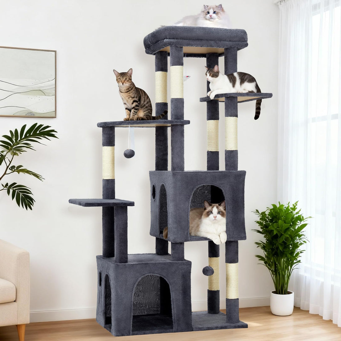 Garvee Arbre à Chat 155 cm Multi-Niveaux pour Grands Chats, Tour Stable avec Grande Plateforme, Gris Foncé, Intérieur