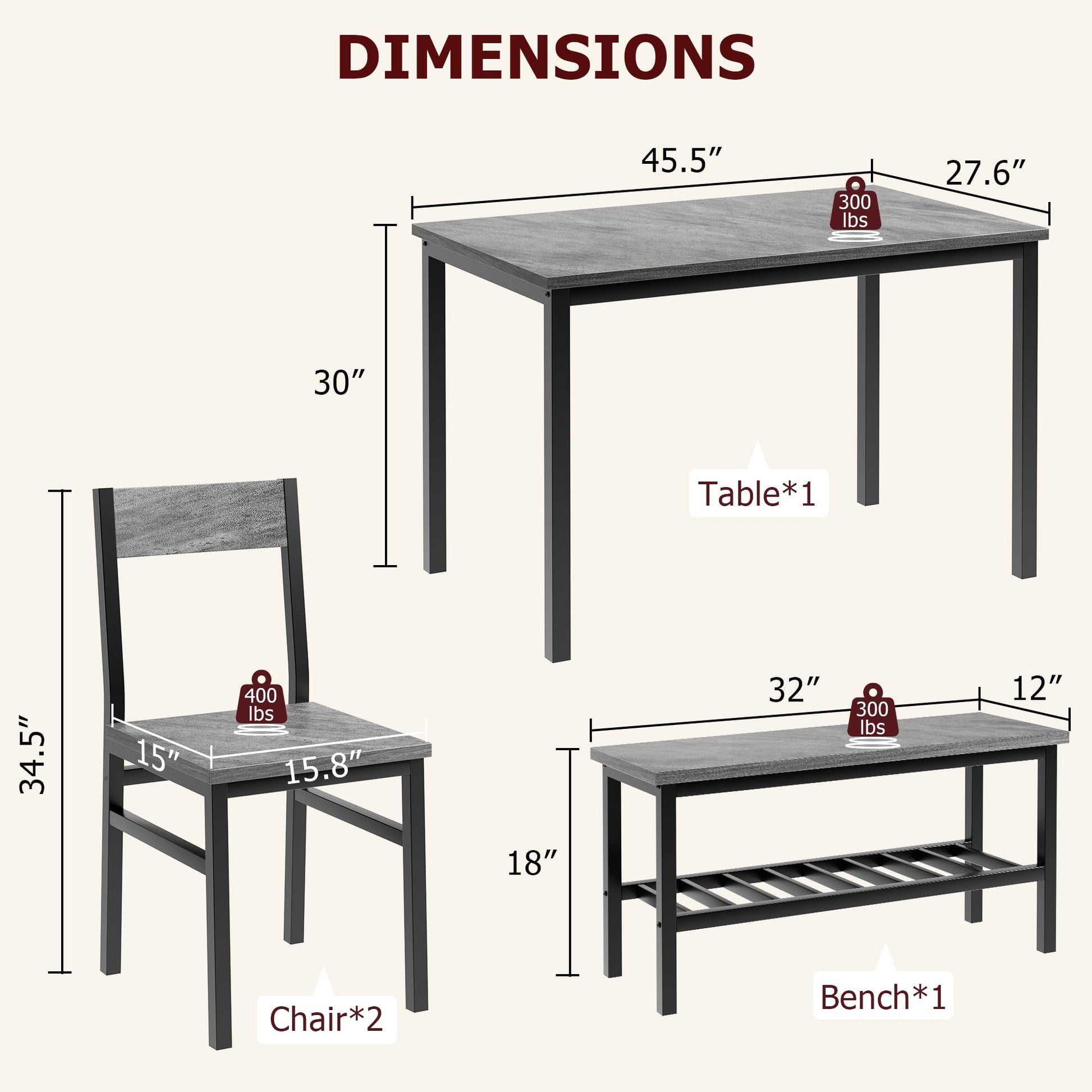 Ensemble de salle à manger Garvee pour 4 personnes avec banc, rangement, structure robuste en MDF et acier, gain de place, polyvalent, gris, idéal pour les petits appartements
