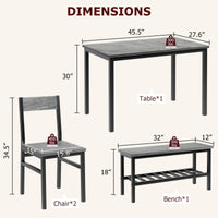 Ensemble de salle à manger Garvee pour 4 personnes avec banc, rangement, structure robuste en MDF et acier, gain de place, polyvalent, gris, idéal pour les petits appartements