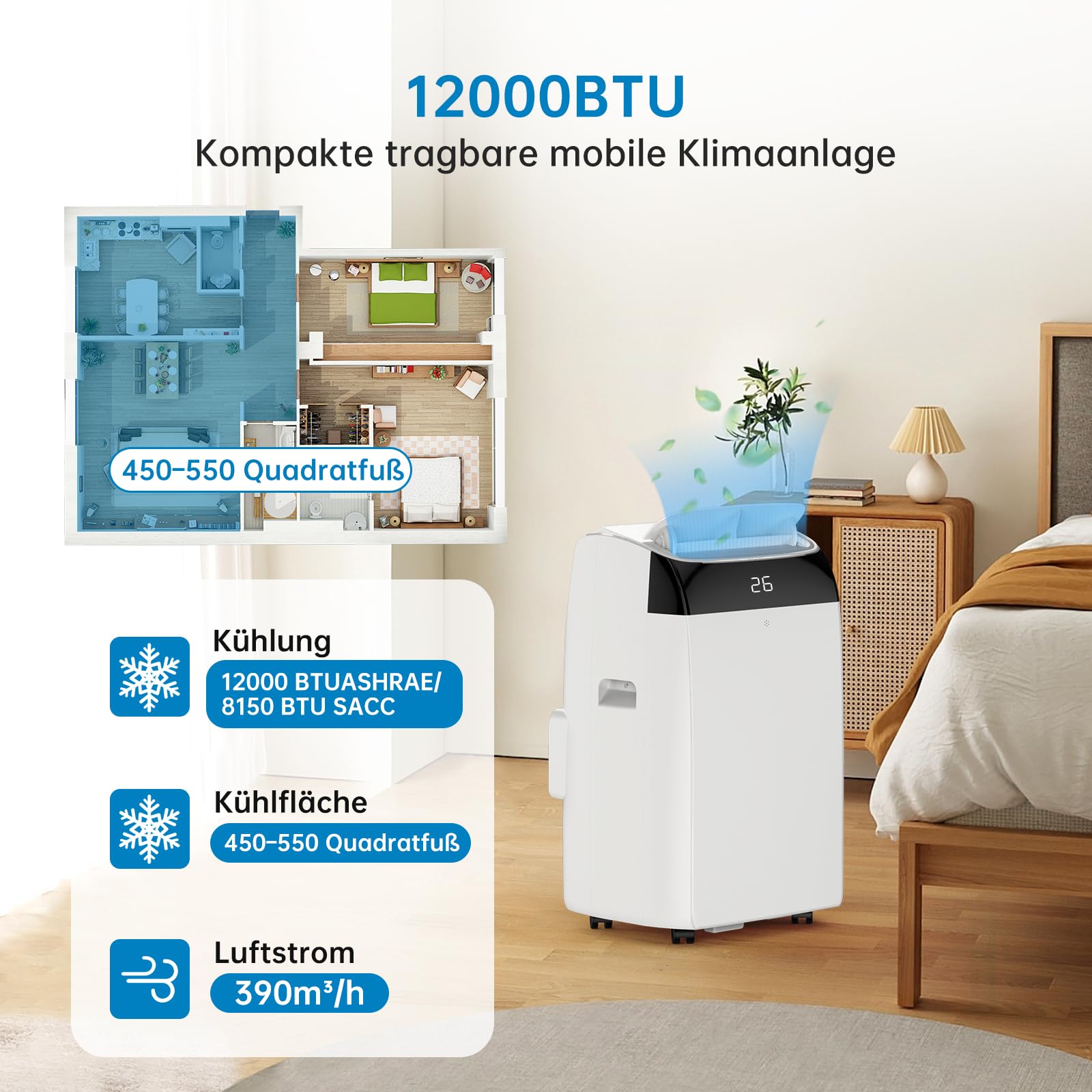 Garvee Climatiseur mobile 12000 BTU, 4 en 1 silencieux au R290, avec kit fenêtre, pour maison et bureau