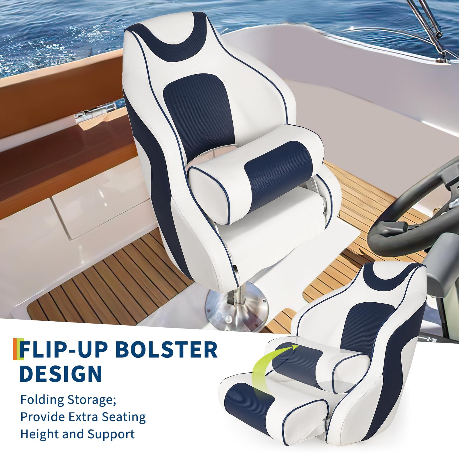 Siège de bateau haut Garvee avec accoudoirs, coussin relevable pliable pour bateaux de pêche et pontons, ergonomique, résistant aux intempéries, charnières en aluminium, antirouille