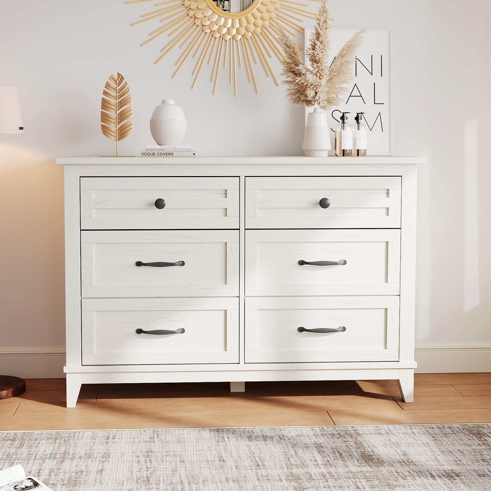 Garvee Commode Farmhouse à 6 tiroirs, en bois blanc, robuste, offrant un grand espace de rangement pour la chambre, le salon ou le couloir