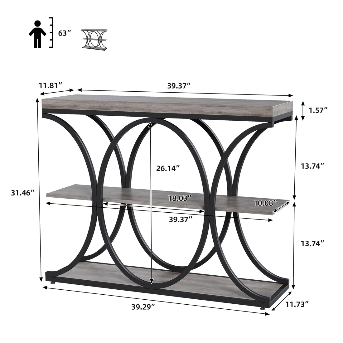 Garvee console 99 cm, style industriel, rangement à 3 niveaux, structure en métal et bois, idéale pour l'entrée et le salon, 99 cm, marron
