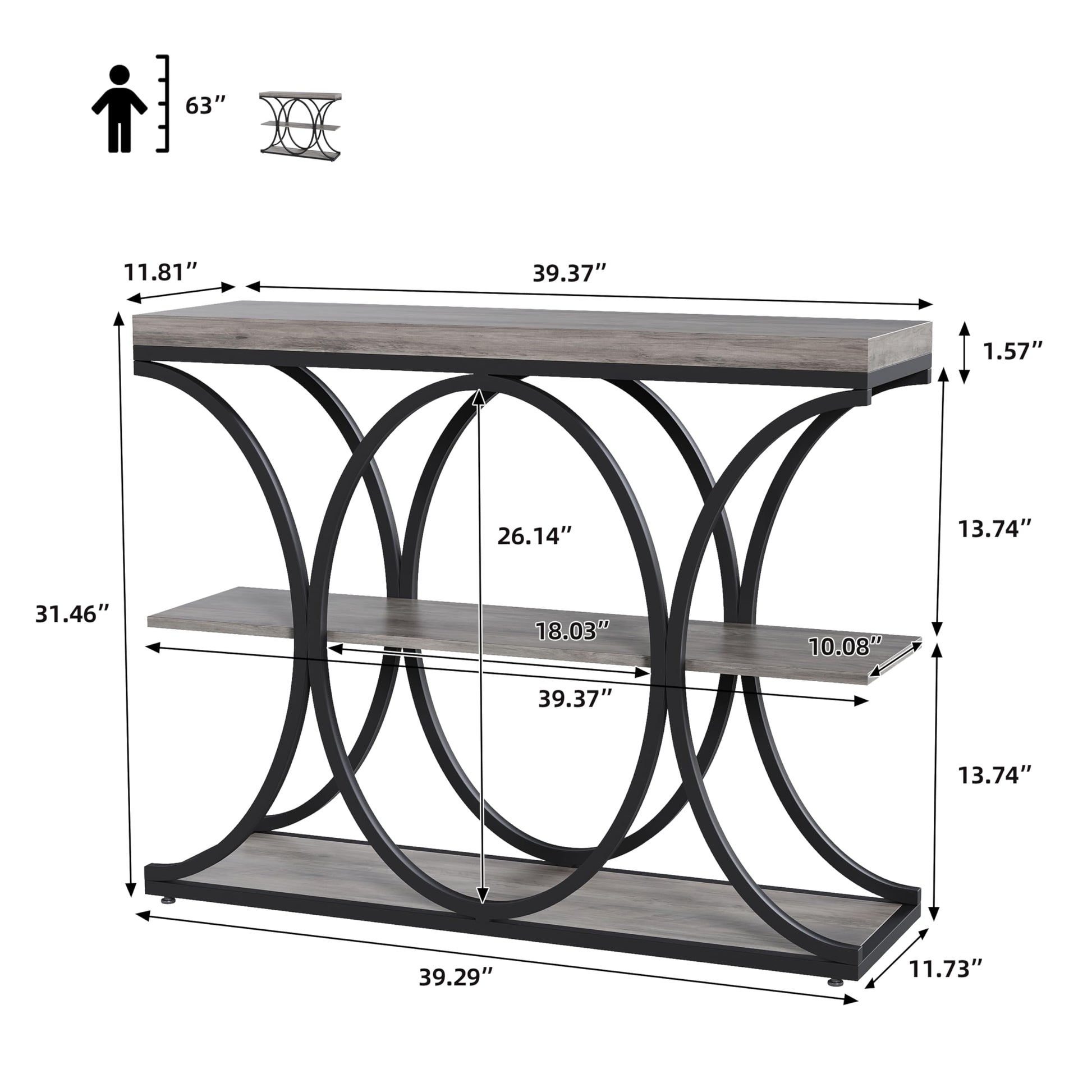 Console Garvee 99 cm (39 po), style industriel, rangement à 3 niveaux, structure en métal et bois, robuste et polyvalente, idéale pour l'entrée et le salon, 99 cm (39 po), marron