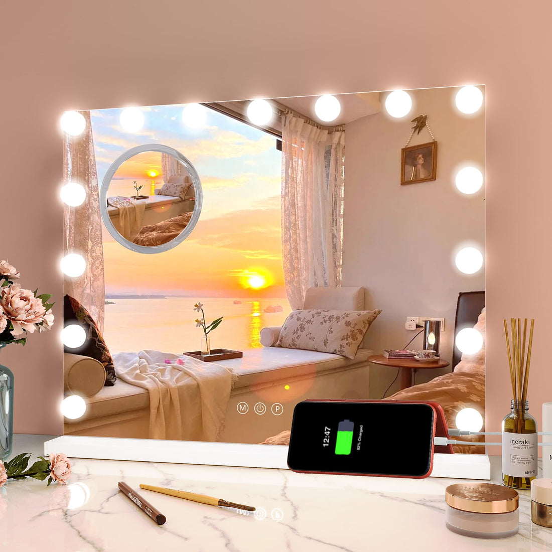Miroir de maquillage GARVEE Hollywood 58 x 46 cm avec 15 LED tactiles, blanc