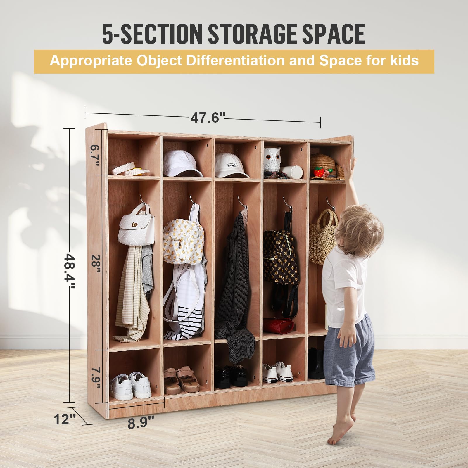 Armoire-penderie Garvee à 5 sections avec 10 compartiments, kit anti-basculement, 4 roulettes, 5 crochets, en contreplaqué, idéale pour les écoles et les crèches, dimensions : 137 x 33 x 122 cm, bois naturel.