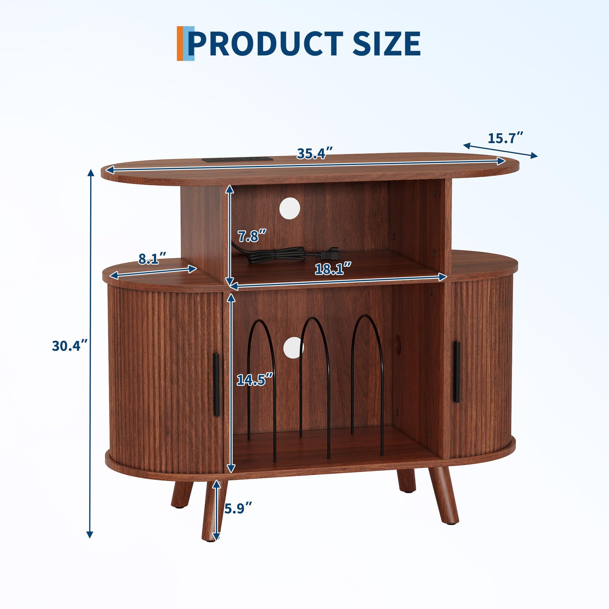 Garvee Meuble pour platine vinyle 89 cm avec station de charge, rangement pour 300 disques, design ondulé moderne, finition noyer
