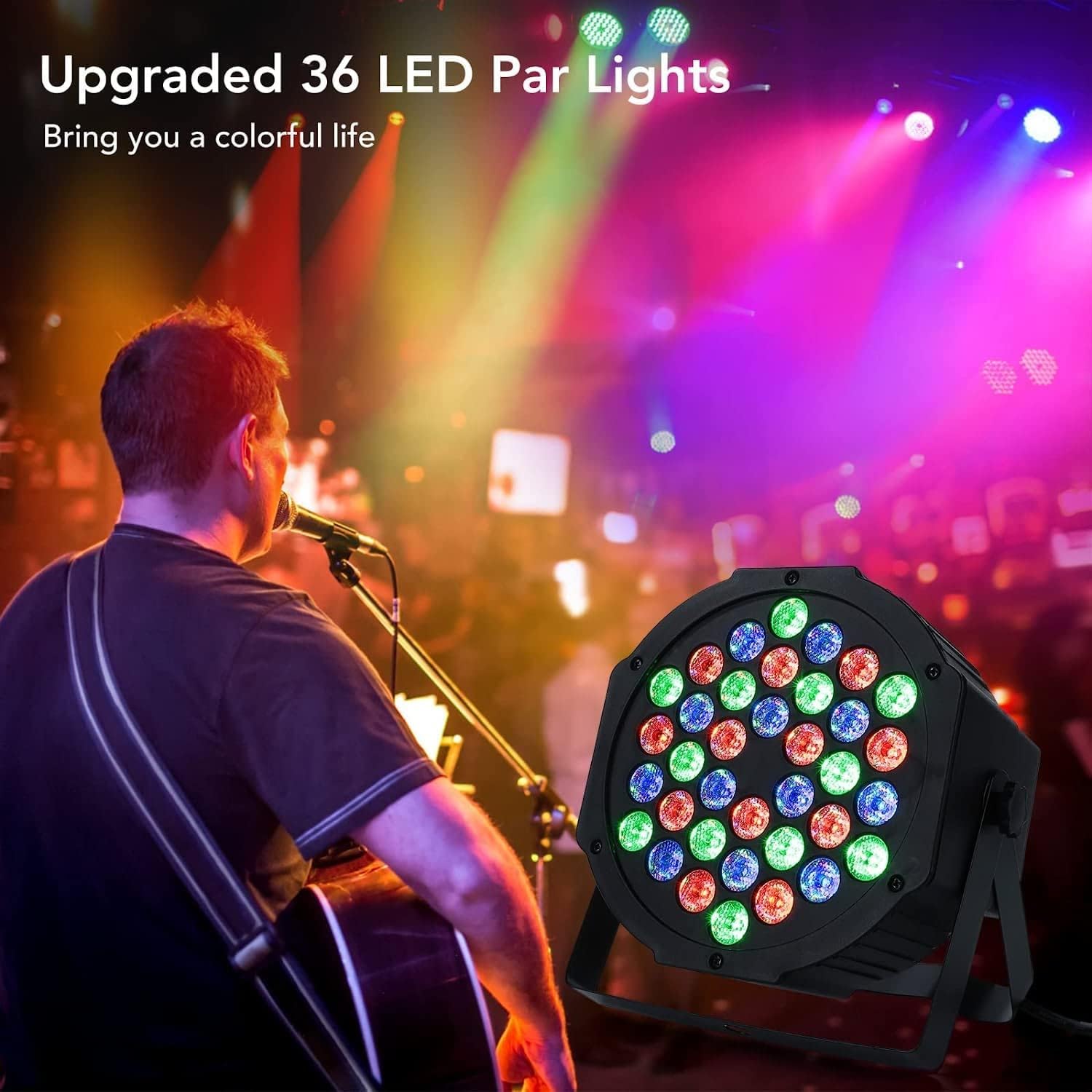 Lot de 4 projecteurs LED GARVEE RGB 36 LED DMX512 activés par le son, support métallique, protection IP20, noir compact, idéal pour soirées disco et scènes.