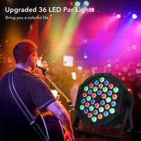 Lot de 4 projecteurs LED GARVEE RGB 36 LED DMX512 activés par le son, support métallique, protection IP20, noir compact, idéal pour soirées disco et scènes.