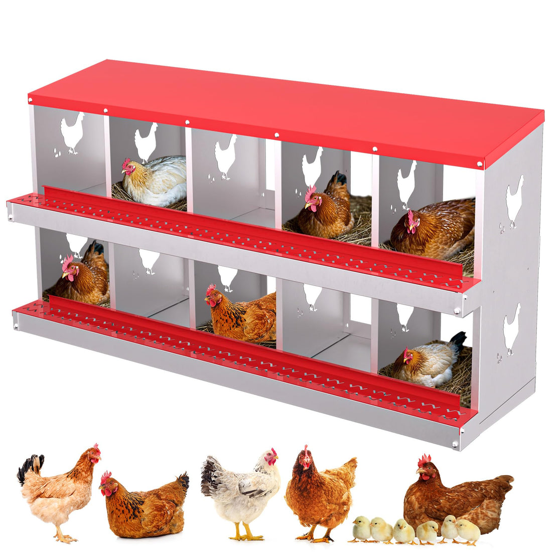 Garvee pondoir métallique pour poules à 10 compartiments, acier galvanisé robuste, système de collecte automatique des œufs par roulement, conception ventilée, fixation murale, rouge, pour poulailler et basse-cour