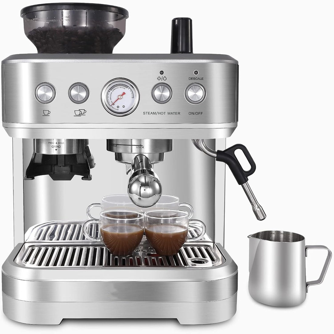 Machine à expresso Garvee – 15 bars, réservoir d'eau de 2,3 L, broyeur en acier inoxydable et mousseur à lait