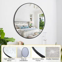 Miroir mural rond noir Garvee 91 cm (36 pouces), cadre en métal, verre 5 mm, style moderne, idéal pour salle de bain et salon.