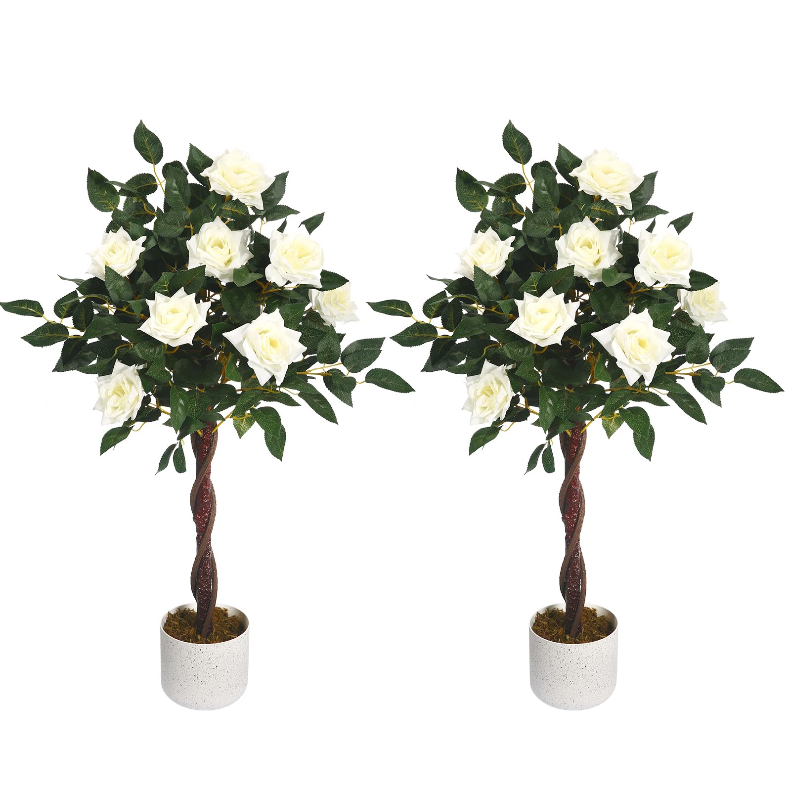 Rosier artificiel Garvee de 90 cm (lot de 2) avec roses blanches, facile d'entretien, en polyester, pot robuste pour la décoration du salon et du bureau