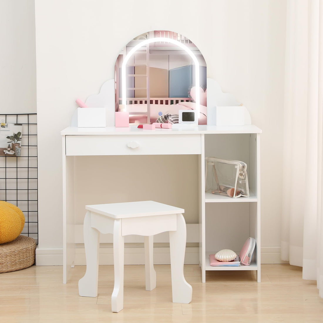 Garvee Coiffeuse Enfant avec Miroir Lumineux et Tabouret, LED Réglable, Grand Rangement, MDF Sûr, pour Chambre ou Salle de Jeux, Blanc