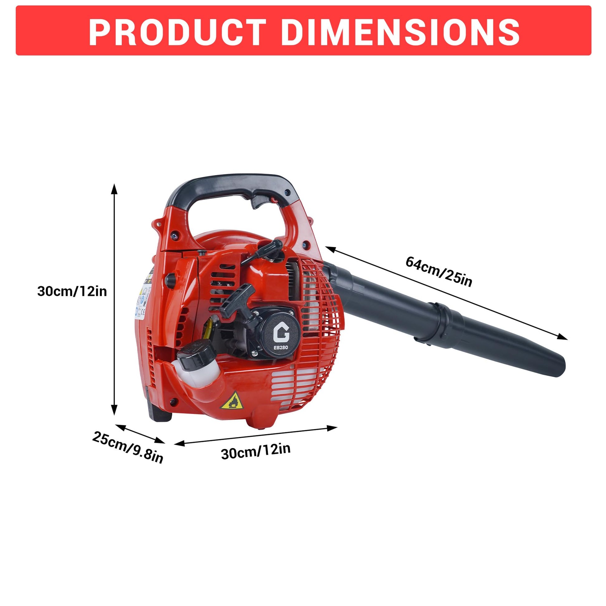 Souffleur de feuilles portatif à essence Garvee 28 cm³, 1,1 CV, 490 CFM, 290 km/h, rouge, idéal pour le jardin, l'allée et la neige.