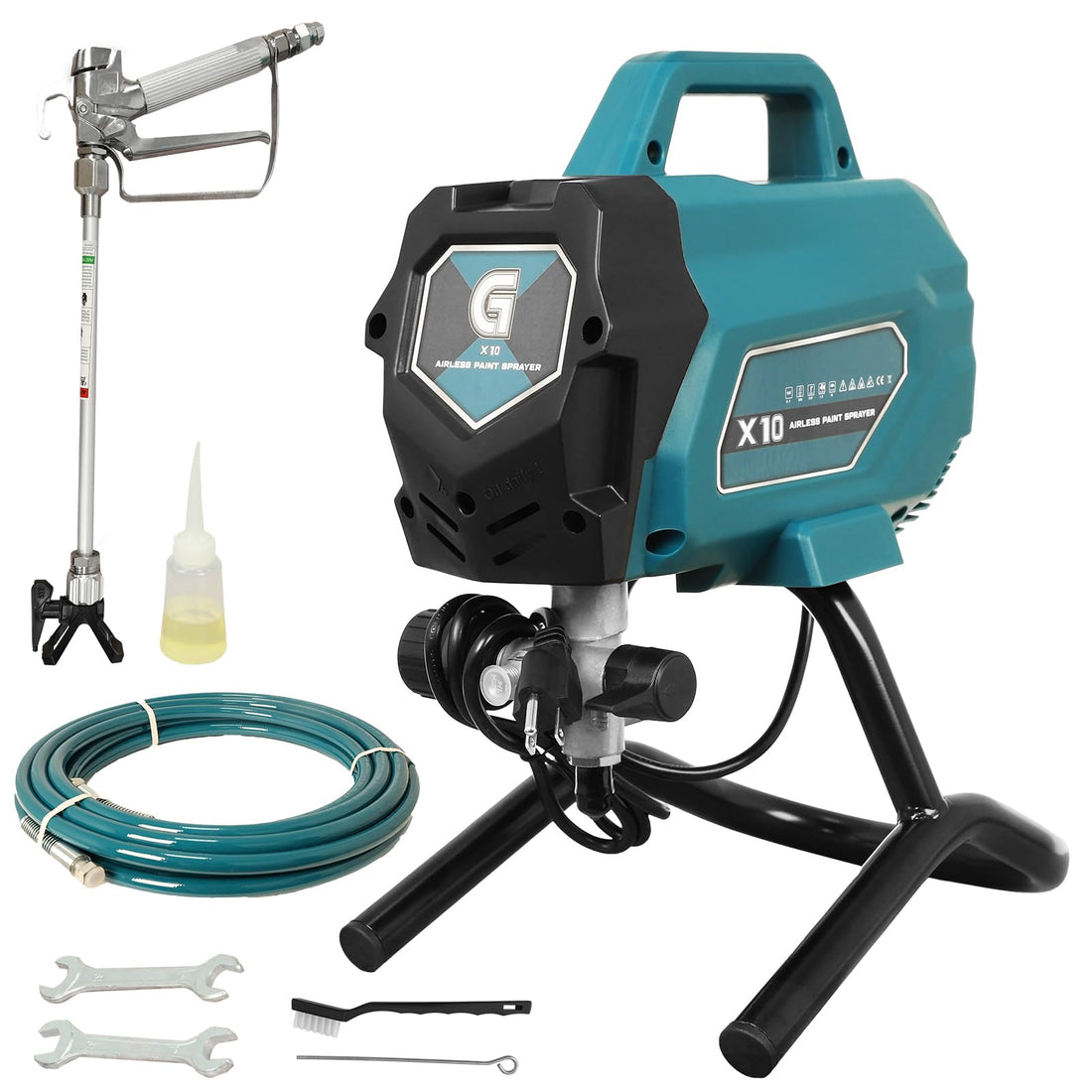 Pistolet à peinture sans air Garvee X10, débit 0,32 GPM, pression 3300 PSI, puissance 750 W, avec kit de nettoyage et rallonge pour maison et clôture.