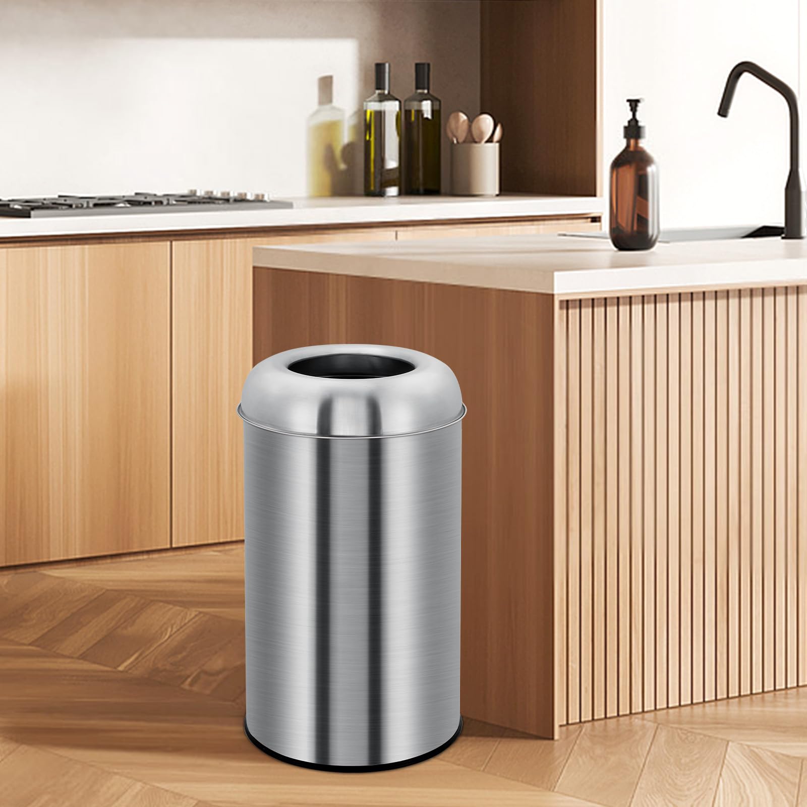 Poubelle Garvee 50 L (13 gal) en acier inoxydable avec couvercle ouvert et bac amovible, robuste, argentée, idéale pour la cuisine et le bureau.