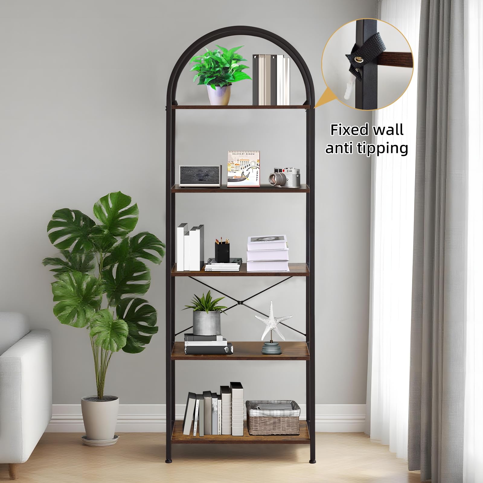 Garvee Bibliothèque à 5 niveaux avec arche, structure métallique robuste, grandes étagères en bois pour salon et bureau, 180×60×28cm, noir moderne