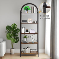 Garvee Bibliothèque à 5 niveaux avec arche, structure métallique robuste, grandes étagères en bois pour salon et bureau, 180×60×28cm, noir moderne