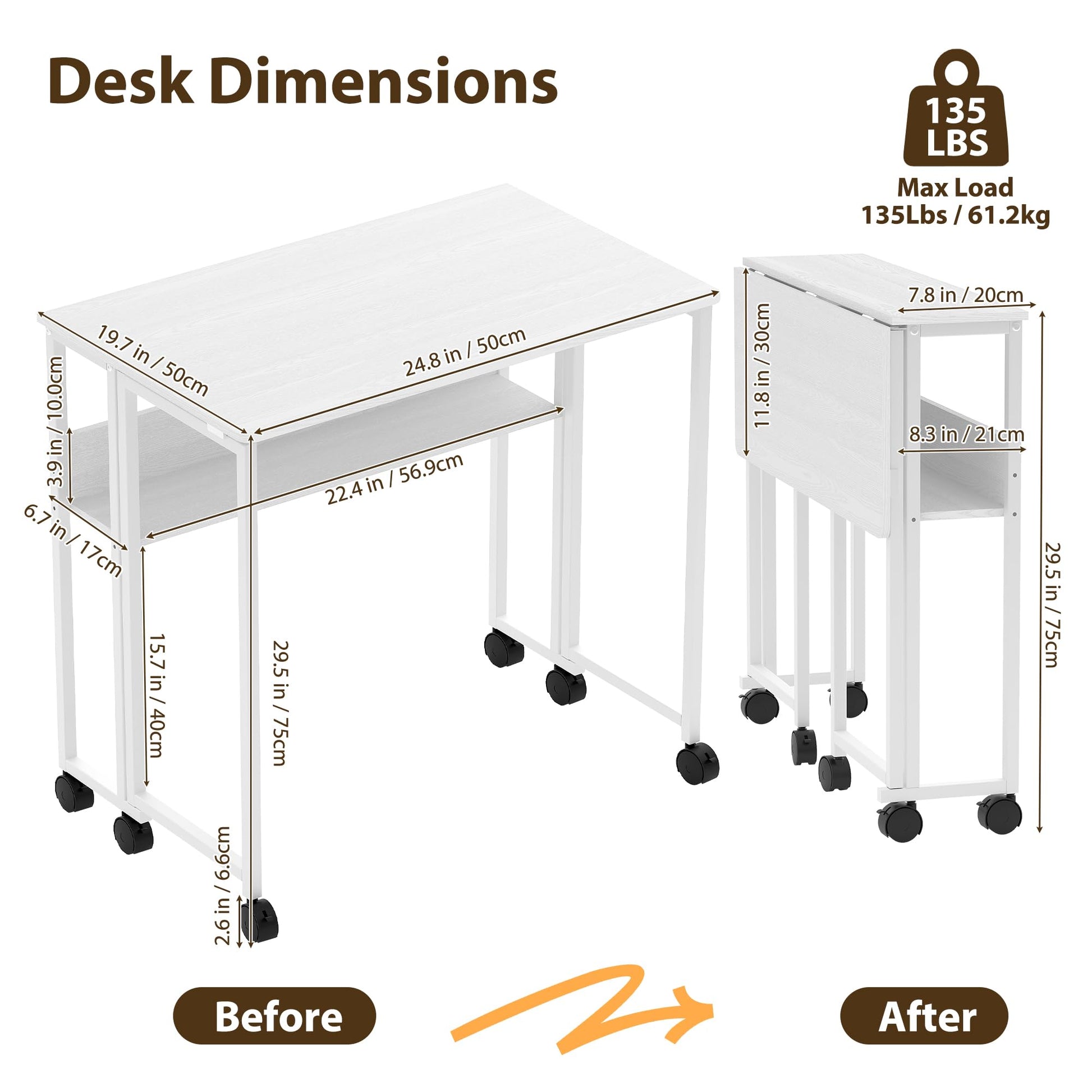 Bureau pliant Garvee à roulettes, table d'ordinateur pliable de 63 cm (24,8 po), étagère de rangement, structure en acier, blanc, pour bureau à domicile et étude