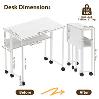 Bureau pliant Garvee à roulettes, table d'ordinateur pliable de 63 cm (24,8 po), étagère de rangement, structure en acier, blanc, pour bureau à domicile et étude