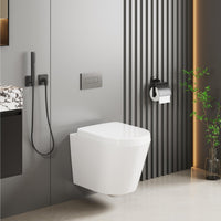 Abattant WC suspendu GARVEE, forme en D, 51 cm, blanc | Céramique, fermeture amortie | Pour salles de bains modernes