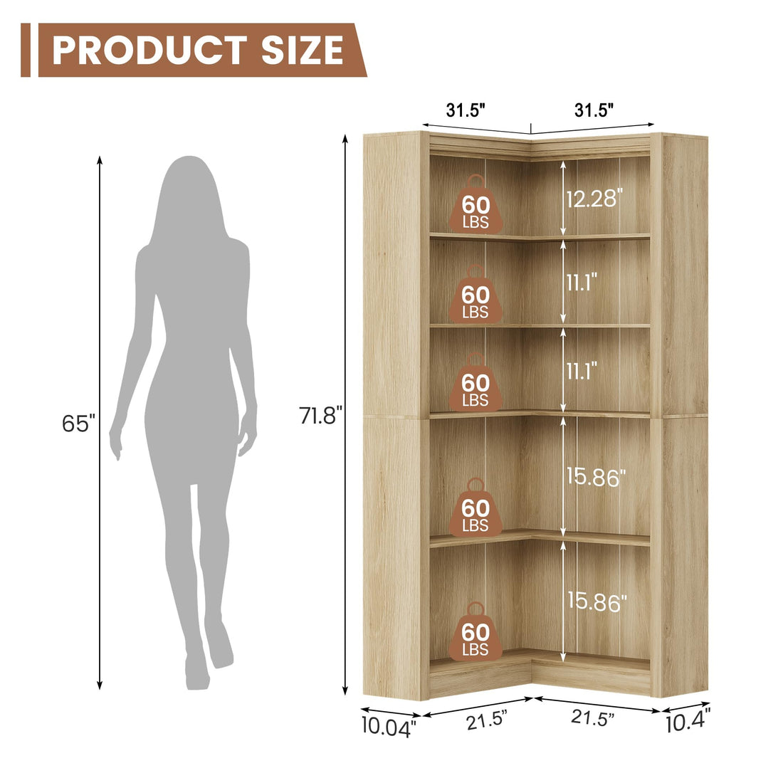 Garvee Bibliothèque d’Angle 182 cm Style Ferme, 5 Niveaux, Grand Rangement en L, Étagère Robuste en Bois pour Salon, Chambre et Bureau à Domicile