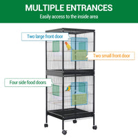 Cage à oiseaux Garvee 55" avec perchoirs en bois, métal, 4 portes, roulettes, pour oiseaux de petite et moyenne taille, usage domestique et vétérinaire, grande taille, noire