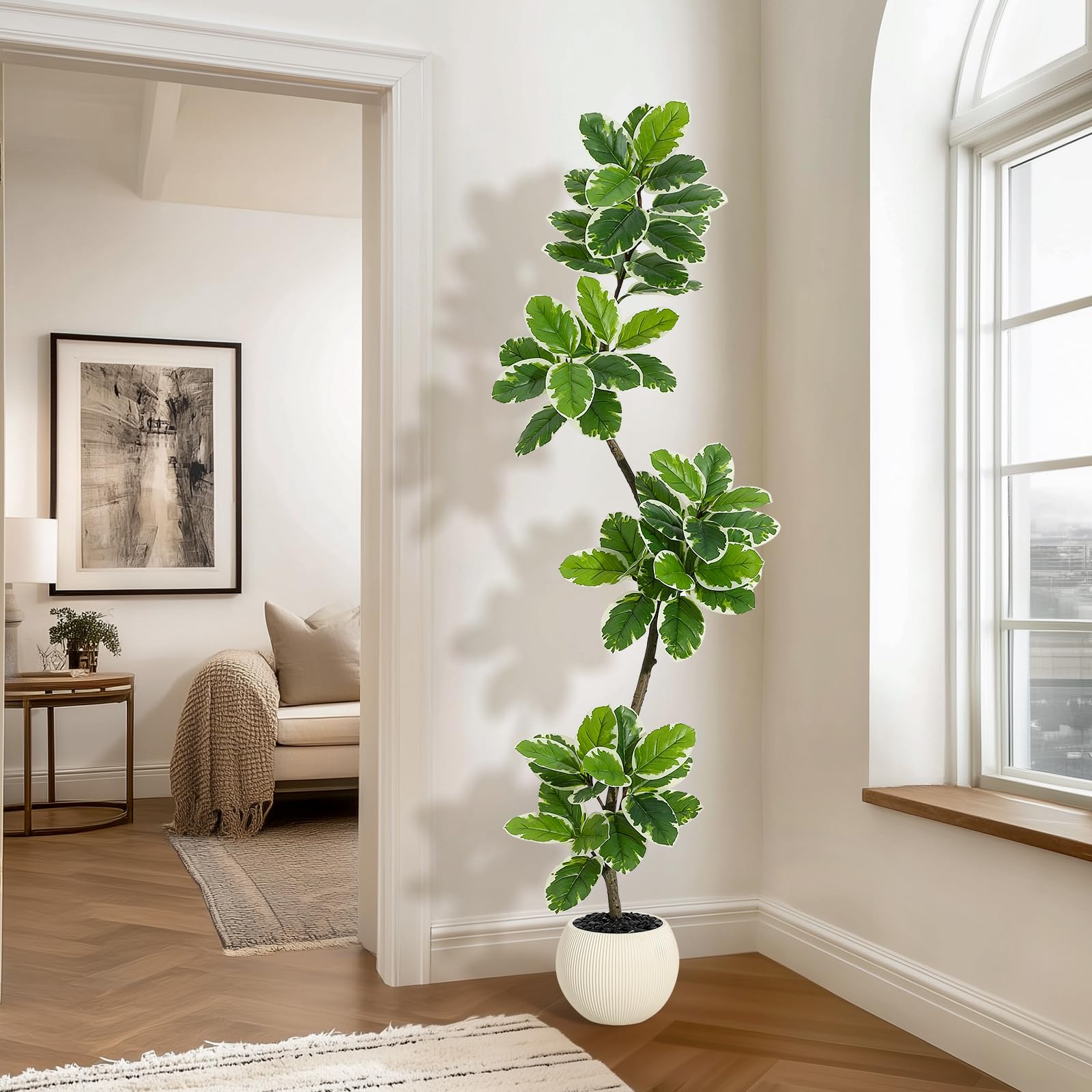 Figuier lyre artificiel Garvee de 1,80 m avec pot boule, décor de mousse, feuilles flexibles pour salon et bureau, entretien facile, vert