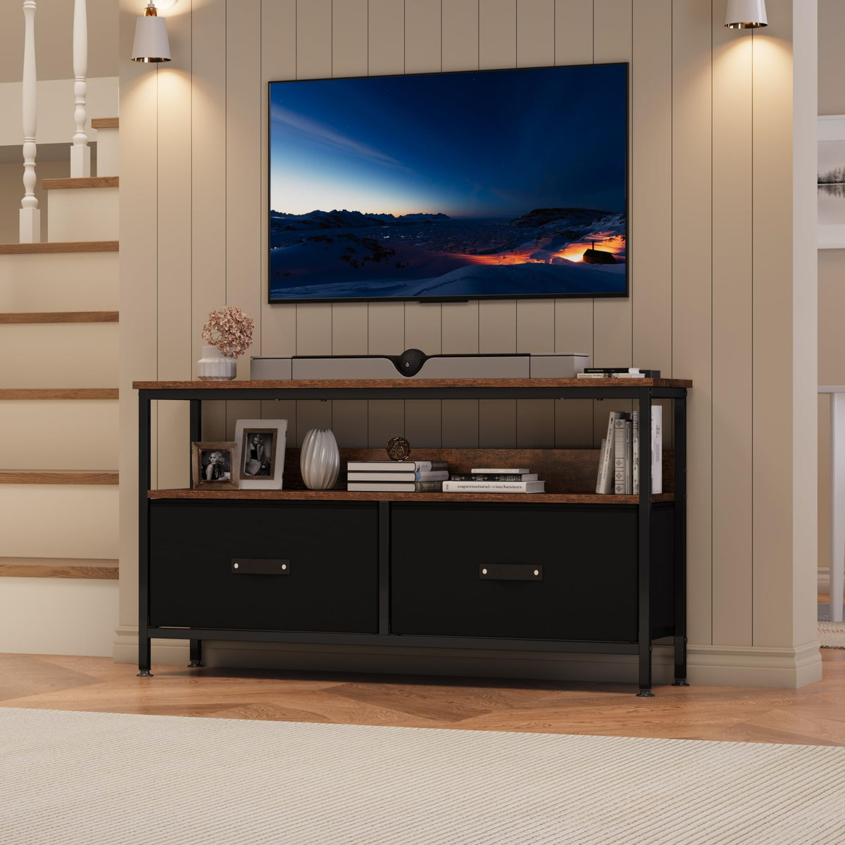 Garvee Meuble TV 127 cm, style commode compacte avec 2 tiroirs, bois brun/noir rétro pour salon et chambre