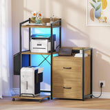 Garvee Support d'imprimante industriel à 3 niveaux avec tiroirs, éclairage LED et fonction de chargement pour une organisation optimale au bureau. construction robuste en bois massif offrant un grand - Marron