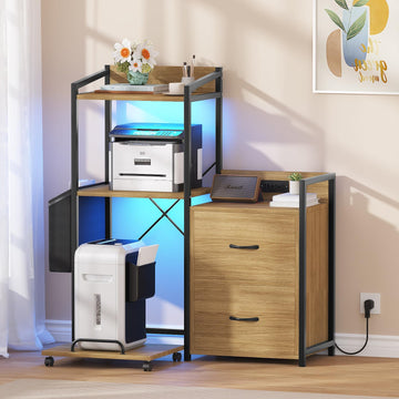Support d'imprimante industriel Garvee à 3 niveaux avec tiroirs, éclairage LED et fonction de chargement pour une organisation optimale au bureau. Construction robuste en bois massif offrant un grand espace de rangement.