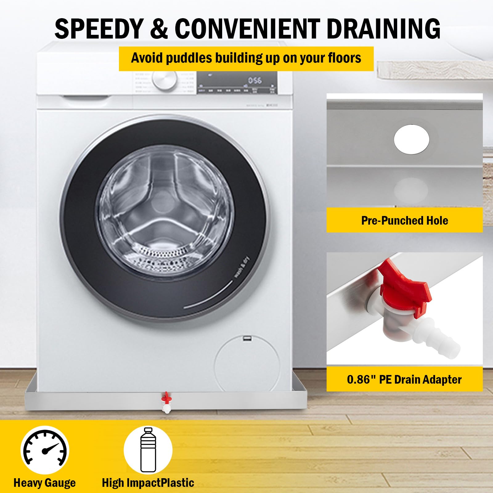 Garvee Bac de récupération pour lave-linge 81 x 76 cm, acier inoxydable 304, avec trou de vidange, adaptateur de tuyau, pieds anti-vibrations, compact et robuste.