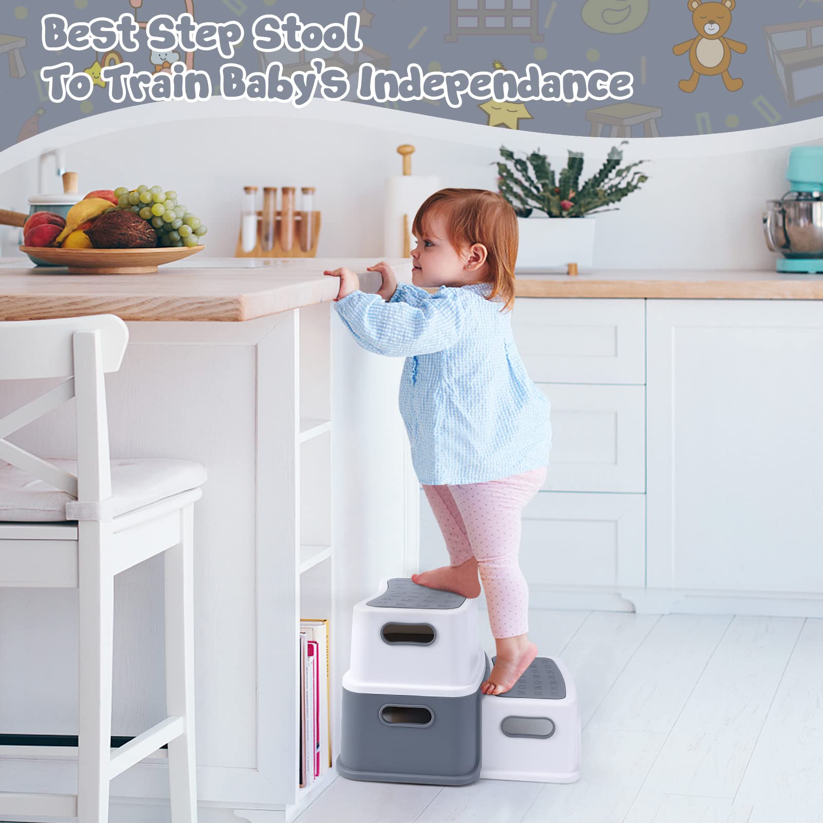 Tabouret enfant Garvee, 2 marches, antidérapant, sûr, sans BPA, léger, portable, pour salle de bain, cuisine, apprentissage, 115 kg