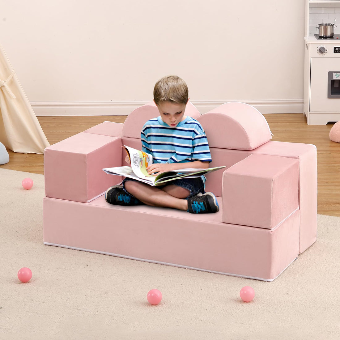 Garvee Canapé de jeu pour enfants 6 pièces, modulaire, rose, housse en microfibre douce, pour salle de jeux, 2, 54 × 1, 27 × 1, 02 mcm