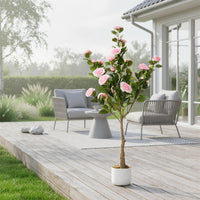 Lot de 2 camélias artificiels Garvee de 1,20 m avec pot blanc, pour l'intérieur et les espaces extérieurs couverts, réalistes et faciles d'entretien.