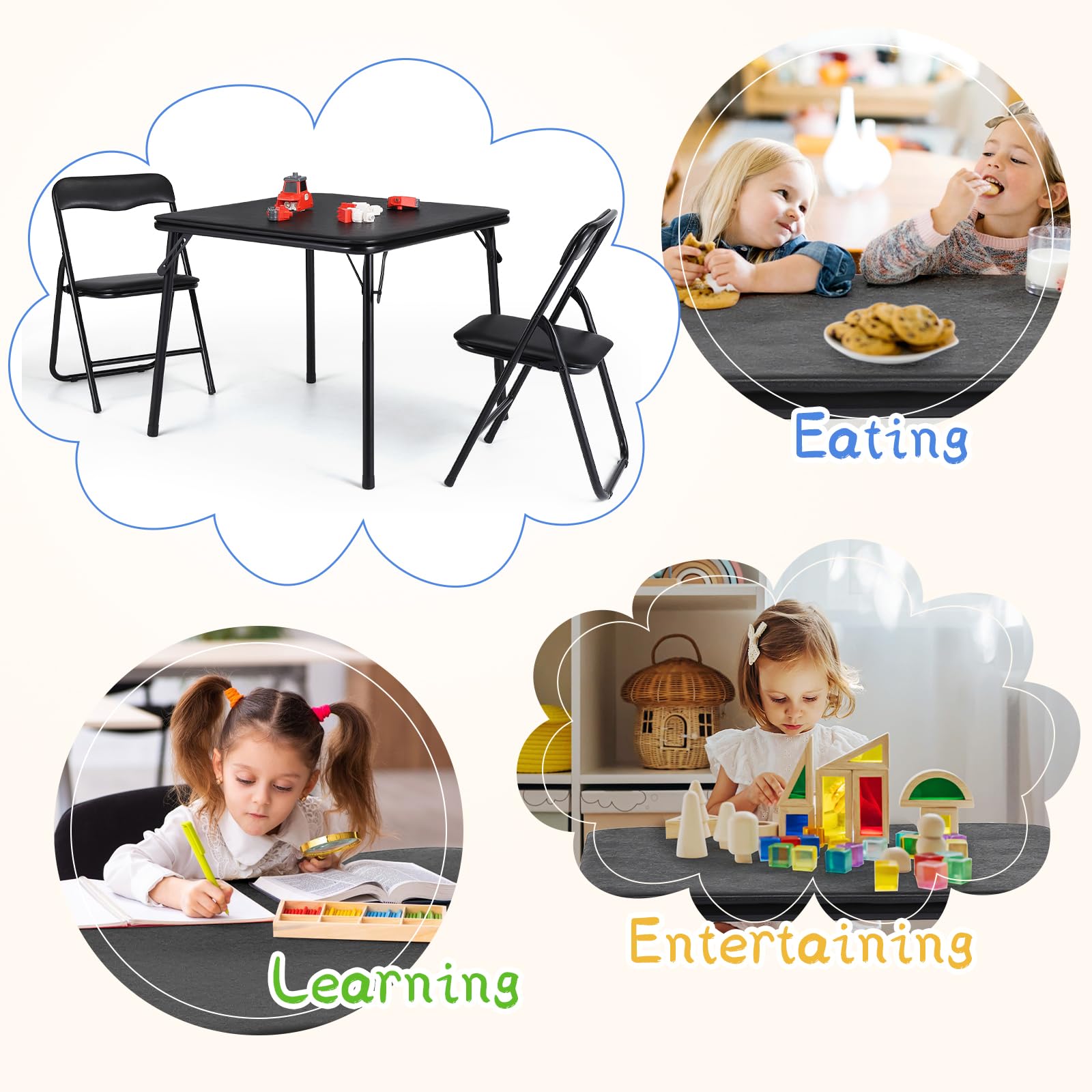 Ensemble table et chaises pliantes pour enfants Garvee, structure en métal, rembourrées, pliables pour manger et jouer, chambre d'enfant, multicolore