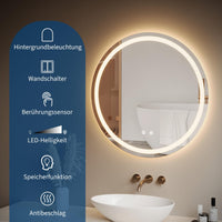Miroir de maquillage lumineux Garvee, miroir de salle de bain rond de 50 cm avec éclairage LED, interrupteur tactile, verre incassable, intensité réglable et traitement antibuée.