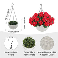 Garvee Ensemble de géraniums artificiels d'extérieur - 2 paniers suspendus avec 12 fleurs rouges pour jardin, terrasse, Noël, résistant aux intempéries et aux UV, en plastique