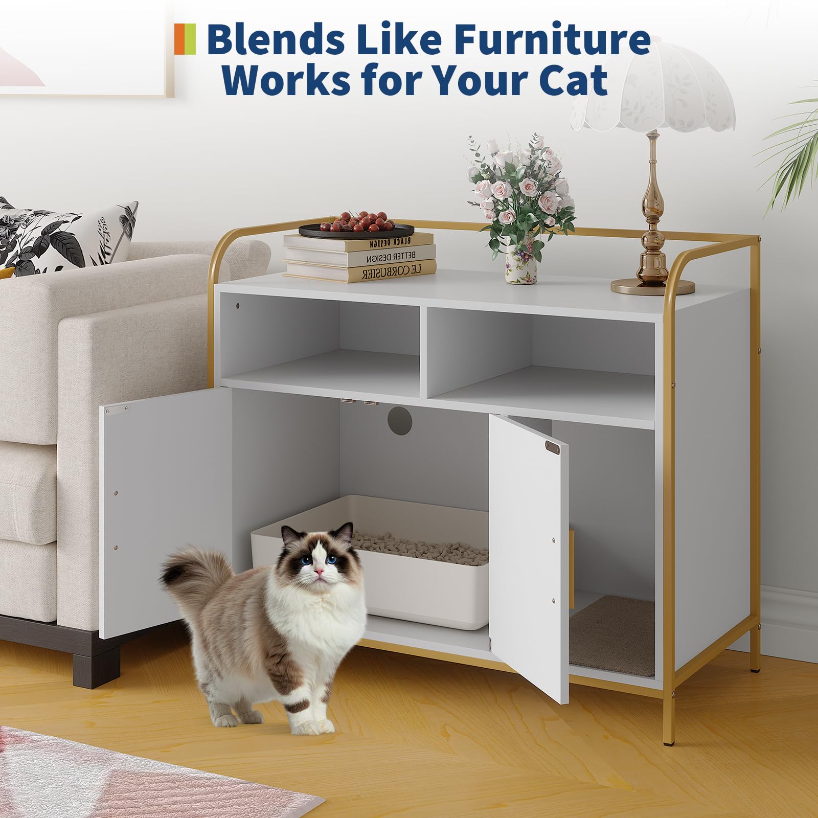 Meuble pour litière Garvee avec 2 compartiments de rangement, tapis à griffer, armoire à double porte, entrée frontale, blanc, 95 x 45 x 82 cm