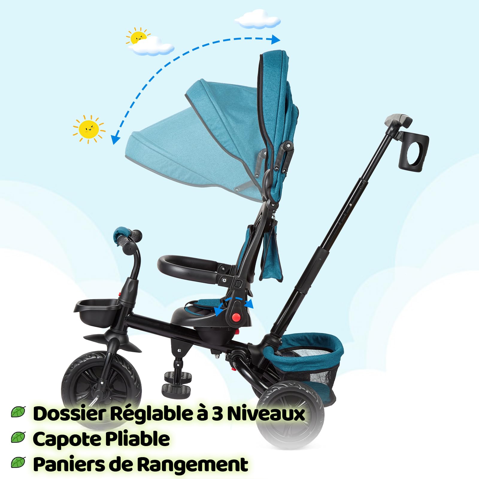 Tricycle enfant Garvee 6 en 1 avec barre de poussée, pliable et pare-soleil, pour enfants de 9 mois à 5 ans, vert